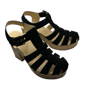 UNR8ED Women's Black Ankle Strap Sandals Strappy Chunky Wood Heel Size 5.5